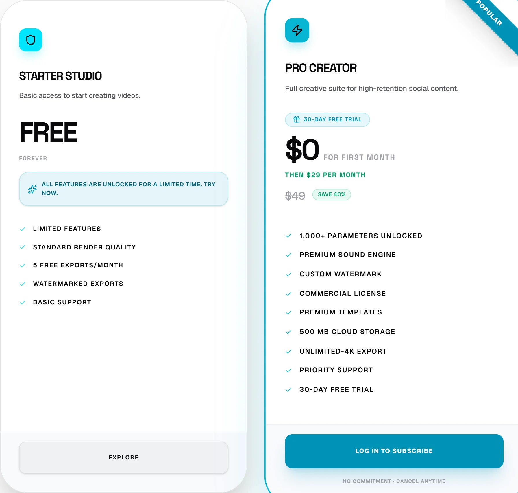 The Plans page with monthly and yearly pricing and upgrade buttons