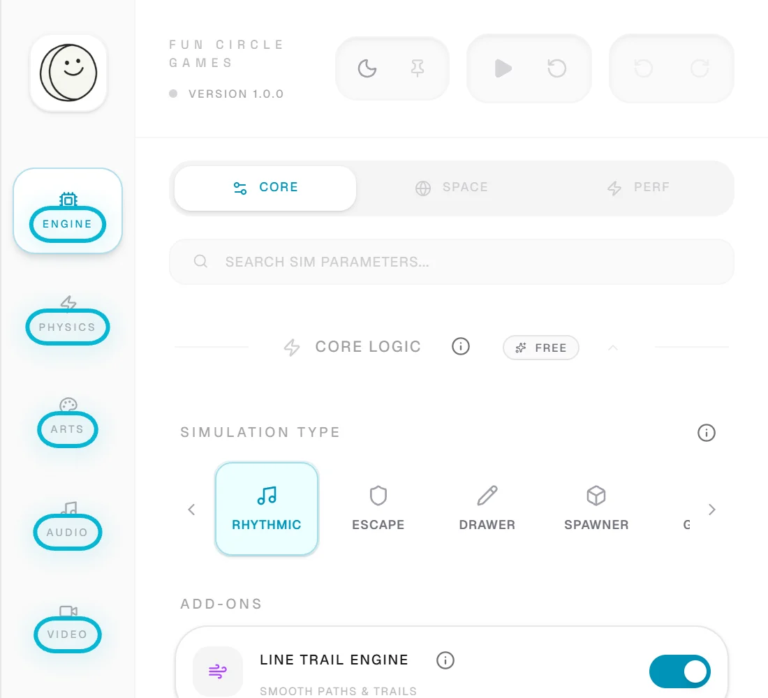 The Studio settings panel with the Engine, Physics, Arts, Audio, Video, and Cloud tabs highlighted